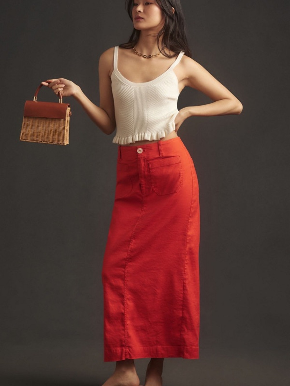 Anthropologie Maeve Women's The Colette Maxi Skirt Red Straight Linen Size S
